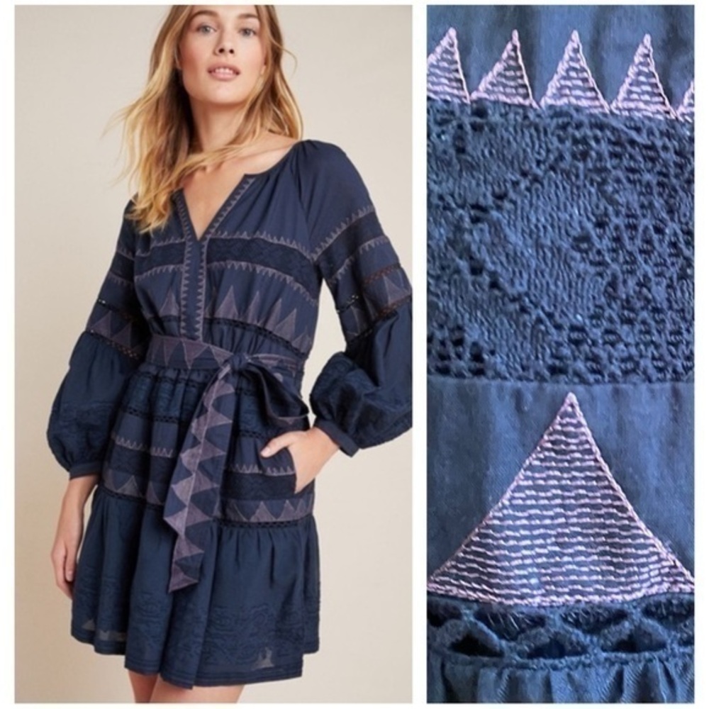 Anthropologie Blue Skye Embroidered Motif Puff Sleeve  Dress